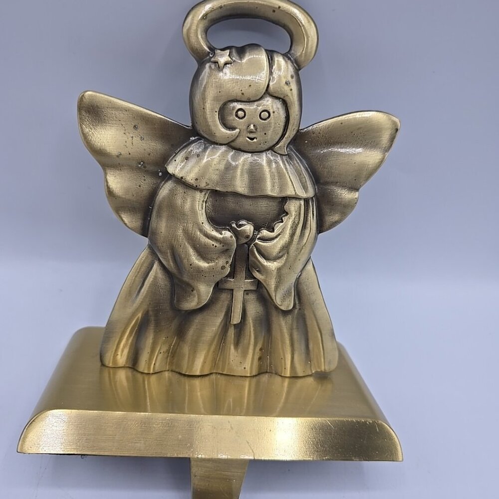 Christmas Metal Angel W Candle Stocking Holder 6” Mantel Antique Bronze Holiday